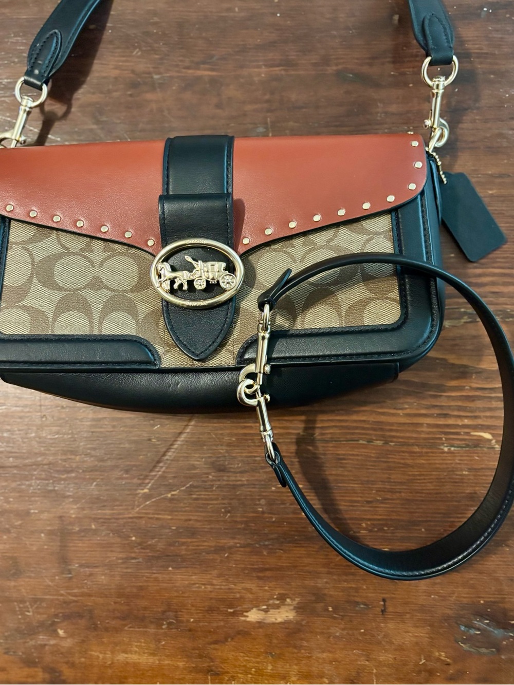 Coach Two-Tone Signature Canvas Crossbody in Brown, Black & Tan. - Picture 5 of 5